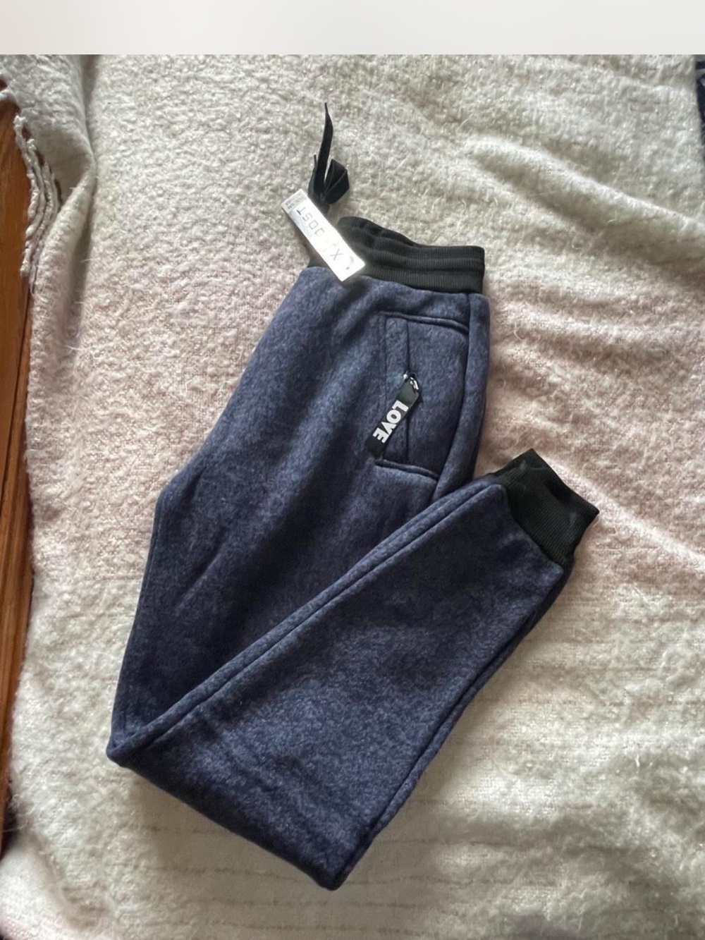 Navy Blue Fleece Jogger Pants with 'LOVE' Zip Detail